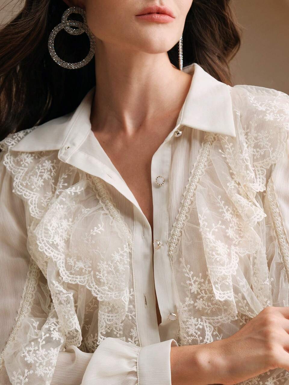 Christmas French Lace Ruffle Pearl Embellished Lantern Sleeve Chiffon Blouse, Beige/Ivory Women Shirt