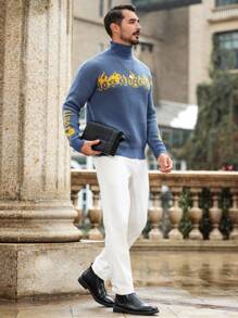Manfinity Homme 男士休闲火焰与字母印花拼色套头高领长袖毛衣，适合工作、朋友 - 藍色 - 查看 4