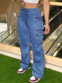 Stylish Vintage Chic Y2K Cargo Pants - High-Waisted, Wide-Leg, Pocketed, Comfortable, Casual, Street-Stylish Denim Trousers For The Curvaceous Woman