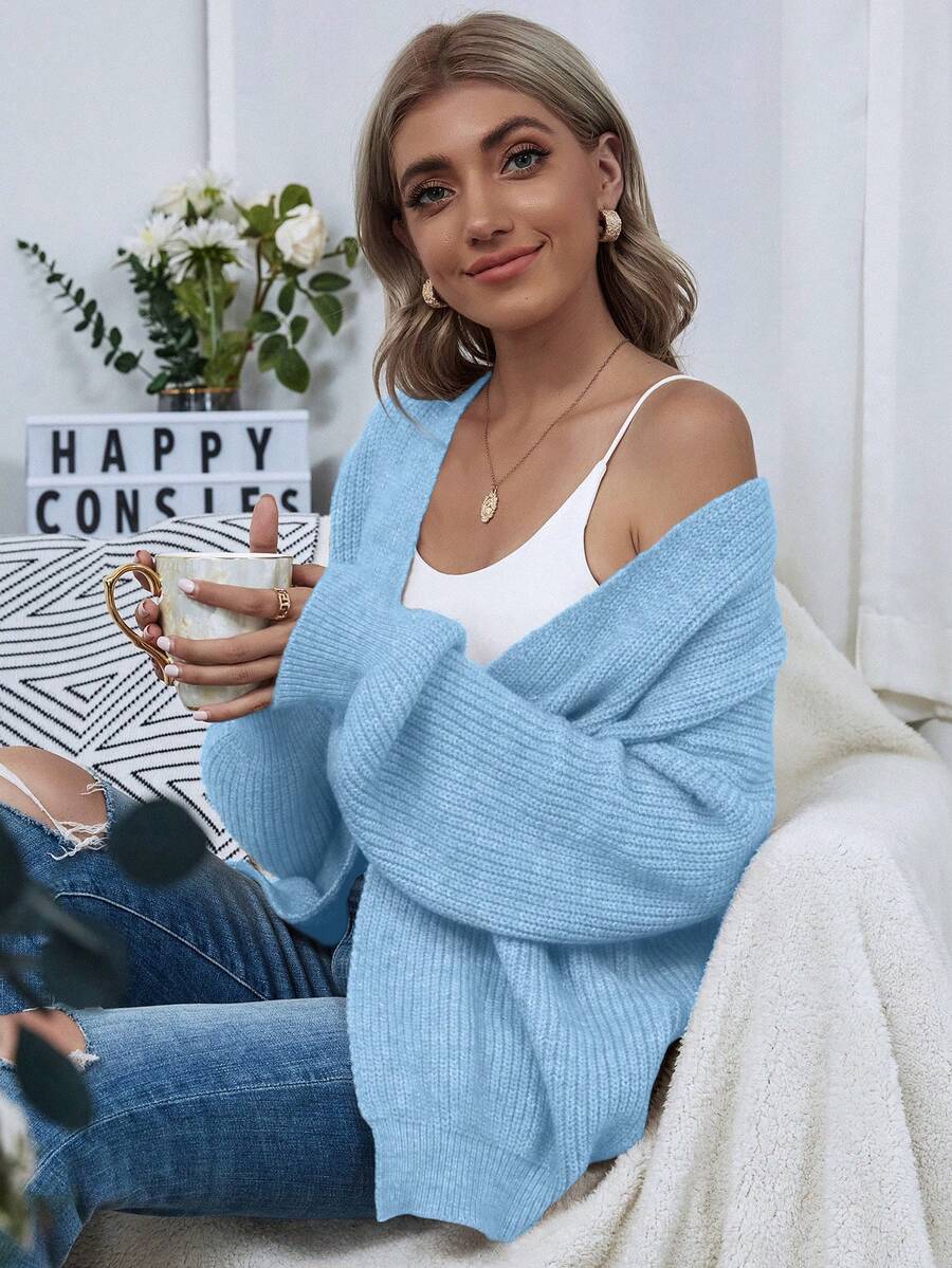 SHEIN LUNE 纯色刺绣宽松休闲百搭针织开衫，长袖 - 藍色 - 查看 1