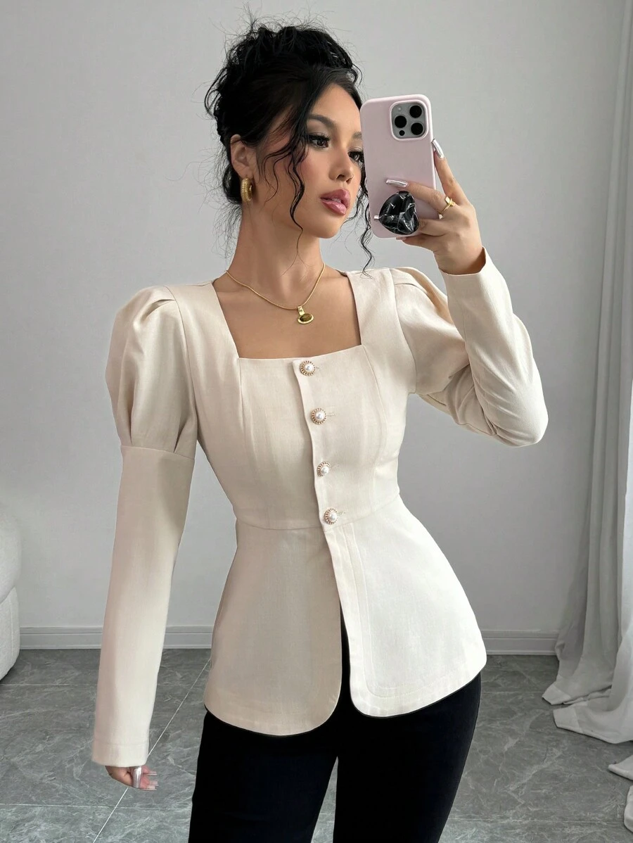Elenzga Women's Elegant Party & Work Solid Color Square Neck Button Up Puff Sleeve Fitted Long Sleeve Blouse, Spring/Autumn Women Shirt