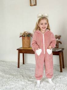 SHEIN LMoss Kids Young Girl Cute & Simple Ears Hooded Zip Front Heart Pocket Soft Comfortable Double-Sided Fleece Jumpsuit Loungewear - Dusty Pink - View 4