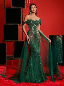 Glamrae Vestido elegante, hermoso y lujoso con un solo hombro, bordado con cuentas y lentejuelas, con diseño floral de malla y cola de pez, con dobladillo y cola extendidos, adecuado para eventos de boda, fiesta de soltero, baile de graduación, cena de Navidad (estilo de industria pesada), vestido de gala formal, para invitada de boda, graduación, Navidad - Verde - Ver 2