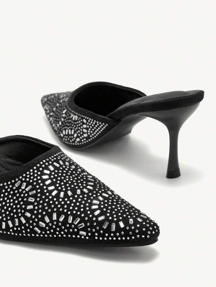 CUCCOO TILAWA Black Suede Rhinestone Pointed Toe High Heel Mules, Elegant For Daily Business, Festival, Party, Date Outfit New Year Holiday