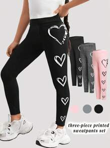 3 件套年轻女孩和年轻女孩心形印花紧身裤，适合日常休闲穿着 - 彩色 - 查看 1
