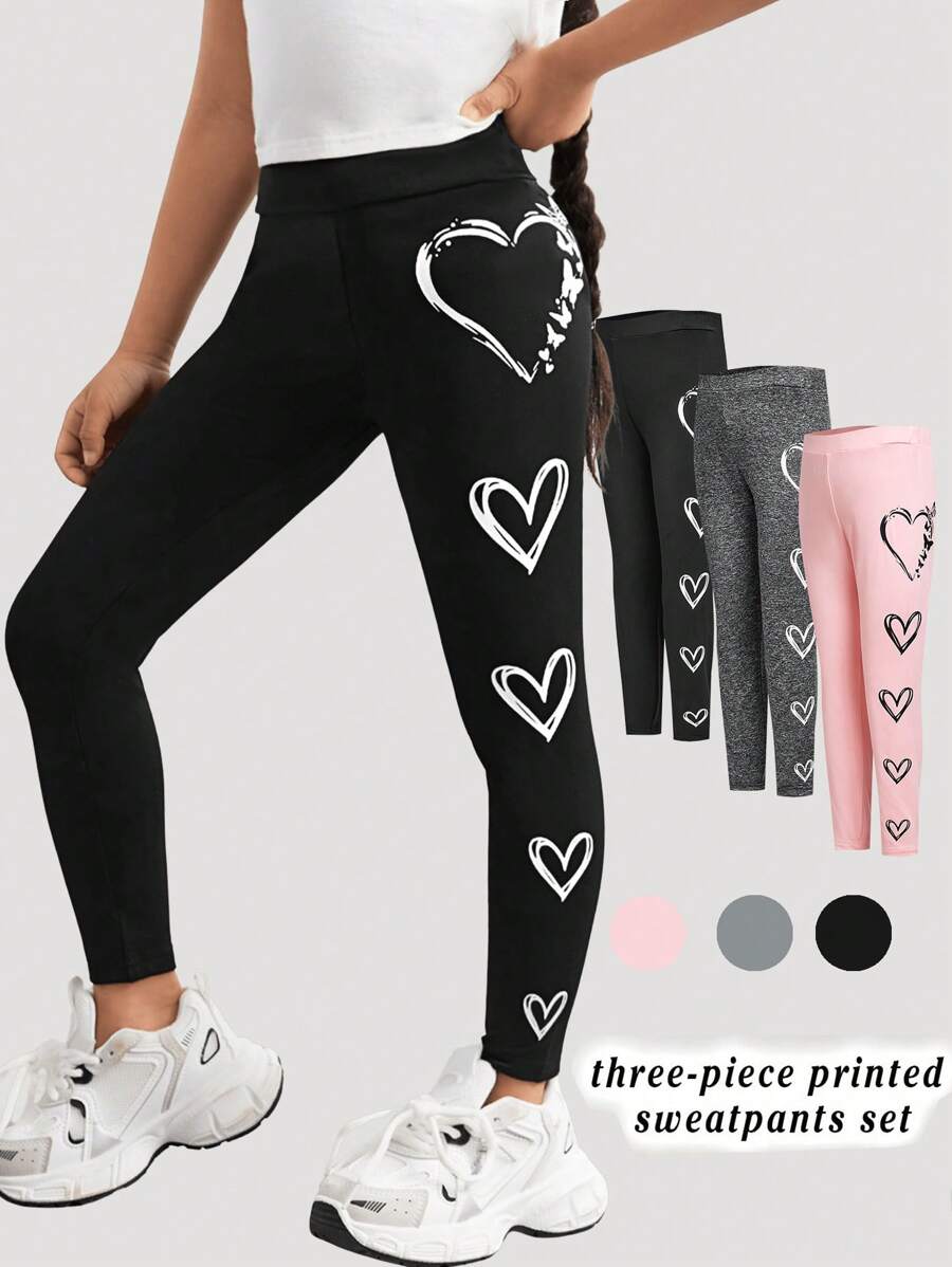 3 件套年轻女孩和年轻女孩心形印花紧身裤，适合日常休闲穿着 - 彩色 - 查看 1