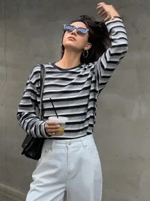 DAZY Áo nỉ cổ tròn rộng rãi họa tiết sọc Colorblock dành cho nữ, Quần áo mùa thu - Xám - Xem 1