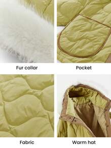 Ontre Women Olive Green Colorblock Long Sleeve Fluffy Hooded Pockets Puffer Jacket, Winter