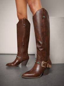 SHUZIA Giày bốt cao đến đầu gối màu nâu bán chạy nhất dành cho nữ có khóa cài cổ điển, điểm nhấn màu ngọc lam, kiểu dáng sang trọng, tinh nghịch, sang trọng. Quà tặng ngày lễ tình nhân năm mới Giày mùa hè Giày mùa xuân cho ngày lễ tình nhân - màu nâu - Xem 4