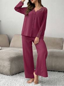 Women Lace Trim Buttoned Front Sleepwear Set With Shoulder And Sleeve Panel - Burgundy - View 4