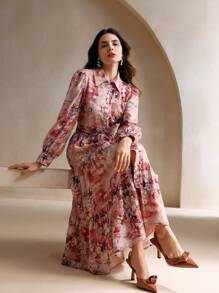Anewsta 翻领长袖扎染花卉印花腰带荷叶边下摆优雅度假长裙女装 - 粉色 - 查看 1
