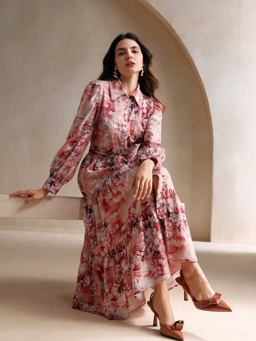 Anewsta 翻领长袖扎染花卉印花腰带荷叶边下摆优雅度假长裙女装 - 粉色 - 查看 1