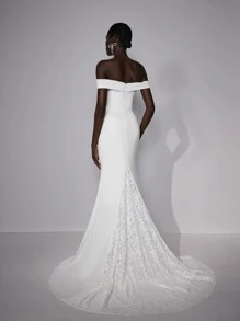 Elitara Elegant Luxurious Beige Off-Shoulder Elastic Knitted Ruched Mermaid Hem Dress With Lace Insert, Suitable For Weddings, Parties, Ceremonies, Holidays And Prom,Bride