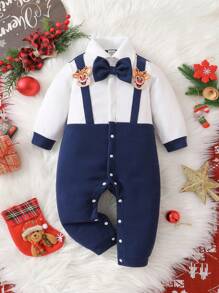 Áo sơ mi dài tay đơn hàng khuy đơn màu tương phản cho bé trai và quần yếm, phù hợp cho các hoạt động hàng ngày của bé, cho Giáng sinh - Màu xanh hải quân - Xem 1