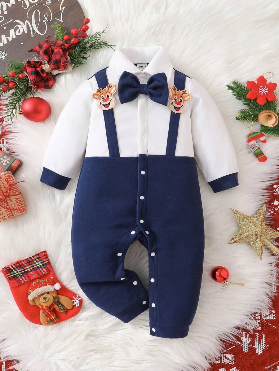 Áo sơ mi dài tay đơn hàng khuy đơn màu tương phản cho bé trai và quần yếm, phù hợp cho các hoạt động hàng ngày của bé, cho Giáng sinh - Màu xanh hải quân - Xem 1