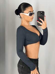 SHEIN ICON Super Crop Top With Deep V Neckline & Breast Detail Fitted Long Sleeve Ladies Blouse