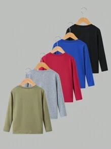 SHEIN Young Boy Solid Color Round Neck Casual Versatile Long Sleeve T-Shirt, School, Campus, College - Multicolor - View 2