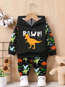SHEIN Baby Boy Casual Losse & Zachte Comfortabele Gebreide Hoodie Sweatshirt En Broek Set Met Klassieke Dinosaurus Print, Geschikt Voor Herfst/Winter