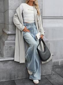 SHEIN LUNE 女式修腰长款风衣，条纹图案和双排扣设计，含衬里，秋冬季休闲 - 淺灰色 - 查看 5