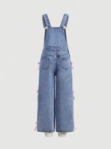 SHEIN Girlism Tween 女童 Y2K 时尚休闲石洗蝴蝶结装饰口袋牛仔工装裤（不含背心），Tween 女童返校服装 - 中等水洗藍 - 查看 2