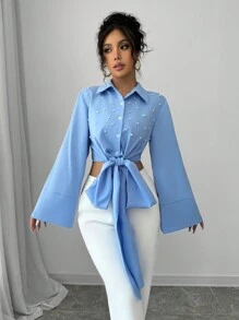 Chiquease Áo sơ mi tay dài cổ tròn đính ngọc trai, dây đeo chéo vai, màu xanh, tay chuông, eo bó, thiết kế nơ và eo, ôm vừa vặn, đa năng, hẹn hò, đi làm, tiệc tùng, kỳ nghỉ, tuyệt đẹp, tay dài, áo cánh thu đông - Màu xanh lam - Xem 4