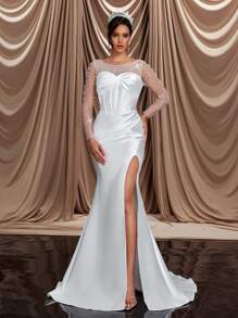 Glamrae Elegantes, luxuriöses beiges Satin-Kleid mit Kontrast-Mesh-Rüschen, Kunstperle und durchsichtigem Langarm mit Raffung, Schlitzdetail und Fischschwanz mit Schleppe, sexy rückenfreies Design, geeignet für Hochzeit, Feiern, Singles-Party, Urlaub, Ball, Brautkleid, weiß - Beige - Übersicht 4