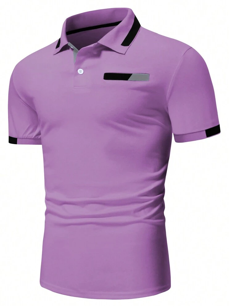 Manfinity Homme Camisa Polo Casual Masculina com Recorte Colorido de Manga Curta, Polo Roxo para Homens, Camisa Roxa para Homens, Camisa Roxa Masculina - Púrpura - Visão 5