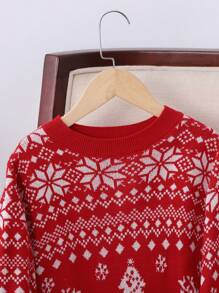 青少年女孩冬季宽松休闲简约舒适圆领柔软针织毛衣，适合圣诞节 - 紅色 - 查看 3