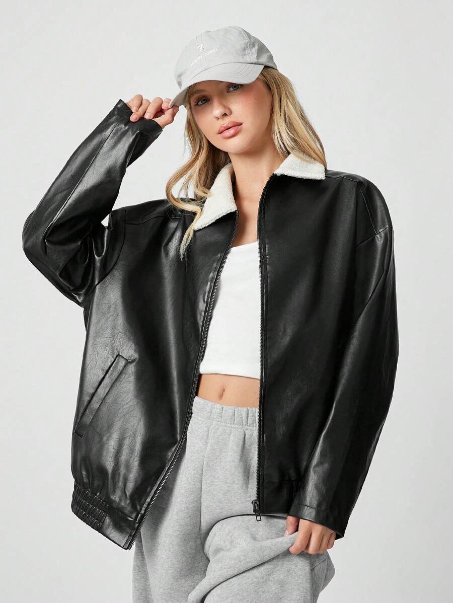 SHEIN EZwear Casual And Stylish Zippered Off-Shoulder PU Leather Jacket - Black - View 1