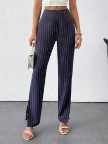 EURMUSE Women's Mid Rise Solid Striped Slit Detailed Suit Pants - Navy Blue - View 4