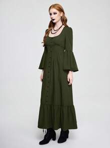 ROMWE Goth Đầm tay loe cổ chữ U màu trơn thanh lịch dành cho nữ - Màu xanh lá cây đậm - Xem 3