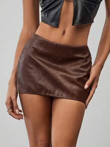 Aloruh Women's Fashionable Vintage Pattern PU Sexy Low Waist Super Short Mini Skirt, Autumn/Winter New Arrival