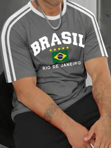 Manfinity Campus Court Áo thun cổ tròn tay ngắn in chữ và cờ Brazil cỡ lớn cho nam - Xám - Xem 1