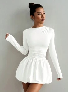 Flirla Women's Solid Color Round Neck Long Sleeve Ruched Simple Casual Skort