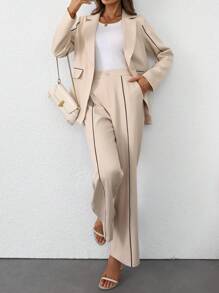 SHEIN Clasi بدلة نسائية كاجوال من بلوفر بأكمام طويلة وسراويل بخطوط متباينة ، مناسبة للخريف والشتاء