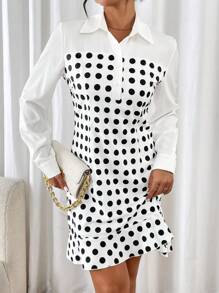 SHEIN Clasi Vestido mujer de 2 en 1 con camisa de cuello corto a lunares y contraste de color