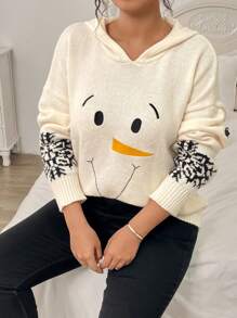 EMERY ROSE Plus Size Women Winter Crew Neck Cute Snowflake Pattern Snowman Embroidery Loose Drop Shoulder Casual Hooded Sweater Knit Pullover Fall Outfit Autumn