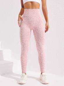 Sovereign Charm 无缝高弹力运动紧身裤，提花豹纹瑜伽女裤 - 淺粉色 - 查看 5