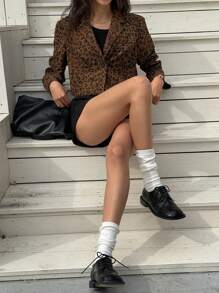 DAZY Áo khoác blazer ngắn thường ngày in họa tiết da báo cho nữ, tay dài, cổ ve lật, cài một hàng khuy, mùa thu - Cà phê nâu - Xem 3