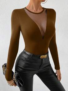 SHEIN PETITE Autumn Sexy Mesh Contrast Form-Fitting T-Shirt - Coffee Brown - View 3