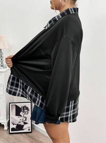 SHEIN CURVE+ Áo khoác nữ cỡ lớn mùa thu đông, áo sơ mi cổ bẻ kẻ caro 2 trong 1, áo nỉ cỡ lớn. - màu đen - Xem 3
