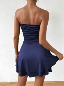 Zolique 1pc Women Solid Color Ruched Bandeau Mini Casual Dress - Navy Blue - View 2