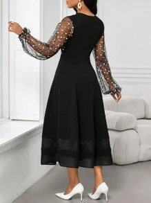 SHEIN Lady Váy midi lưới dài tay cổ tròn xòe màu đen thanh lịch cho mùa xuân và mùa thu và mùa đông - màu đen - Xem 2