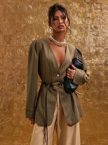 COSMINA 女式前扣长袖条纹简约休闲西装外套（秋冬款） - 咖啡棕 - 查看 1