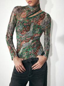 Maija 女士秋冬巴黎图案印花立领镂空长袖修身紧身衣，百搭日常穿着