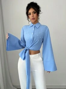 Chiquease Áo sơ mi tay dài cổ tròn đính ngọc trai, dây đeo chéo vai, màu xanh, tay chuông, eo bó, thiết kế nơ và eo, ôm vừa vặn, đa năng, hẹn hò, đi làm, tiệc tùng, kỳ nghỉ, tuyệt đẹp, tay dài, áo cánh thu đông - Màu xanh lam - Xem 3