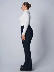 SHEIN EZwear Plus Size Glossy Elastic Knit Flare Pants, Suitable For Party - Silver - View 5