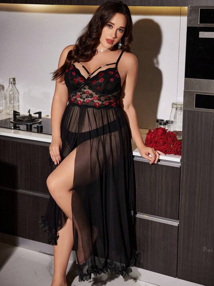 SilkySpell 大码对比红唇蕾丝拼接性感透明网眼睡袍 - 黑色 - 查看 1