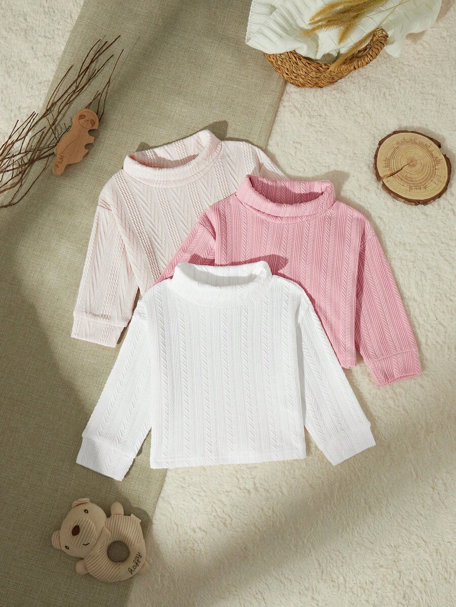 SHEIN 3 件套女婴优雅高领针织提花套头衫套装，适合秋冬季 - 彩色 - 查看 1