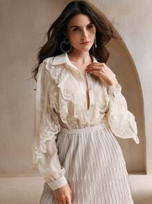 Anewsta 圣诞法式蕾丝荷叶边珍珠缀饰灯笼袖雪纺衬衫，米色/象牙色女式衬衫